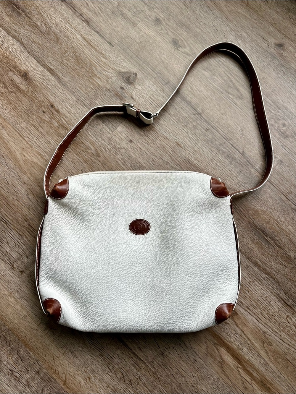 Gucci White Pebbled Leather Crossbody with Brown Trim